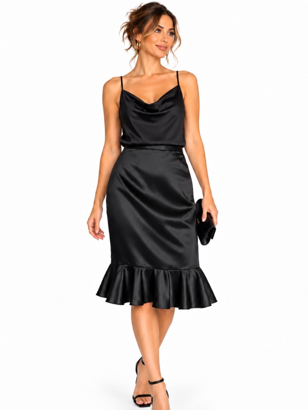 Vintage JS Signature Black Satin Ruffle Mermaid Hem Y2K Midi Cocktail Skirt Sz 4